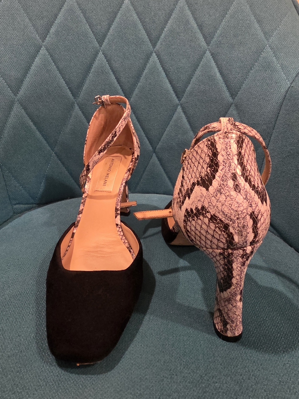 ANTONIO MELANI-Black & Snake Print Ankle Strap Heels (Size 8)
